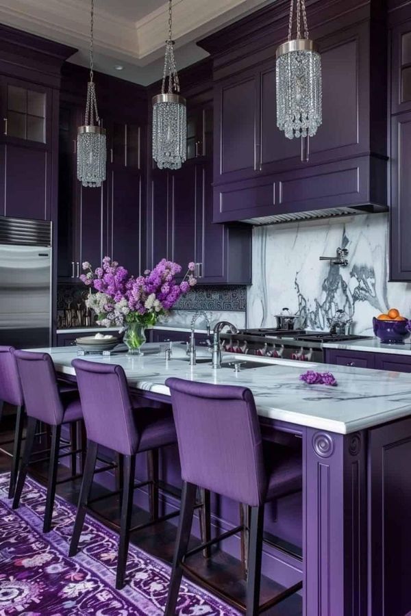 a kitchen with purple chairs and marble counter tops on an area rug in front of the center island