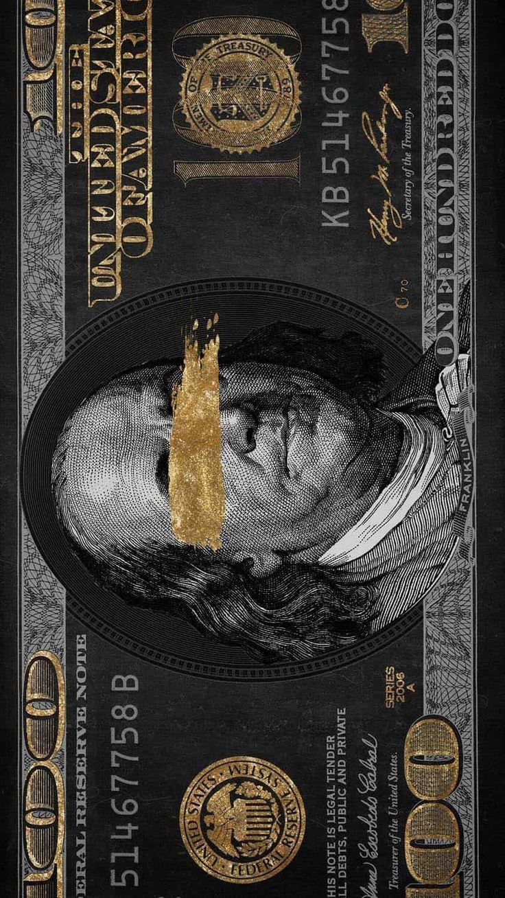 a black and gold dollar bill with an image of a man's face on it