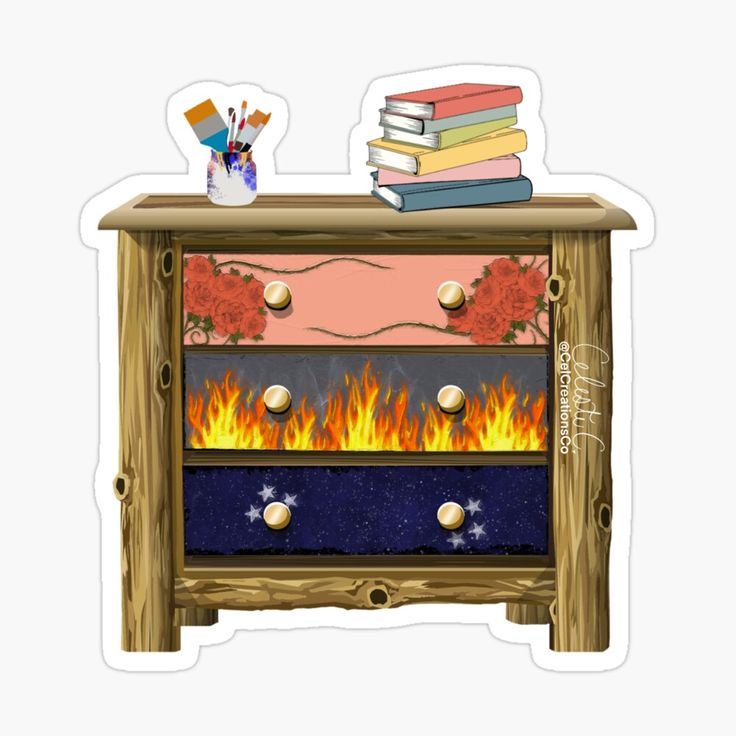 a wooden cabinet with books on top and fire burning in the fireplace sticker above it