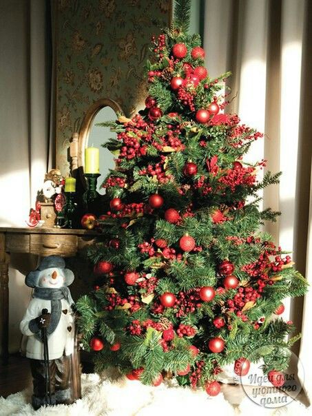 a christmas tree with red balls and ornaments