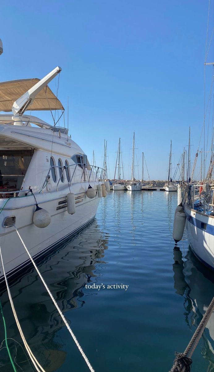 several sailboats docked in the water at a marina on a sunny day with clear blue skies