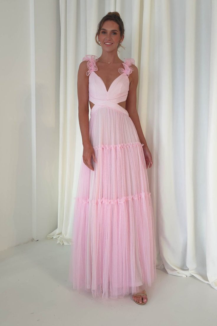 Galiena Ruffle Tulle Maxi Dress | Pink Black Tie Bridesmaids, Tulle Gowns, White Bridal Dresses, Tulle Maxi Dress, Maxi Dress Wedding Guest, White Bridesmaid Dresses, Formal Dress Shops, Lilac Pink, Dress Unique