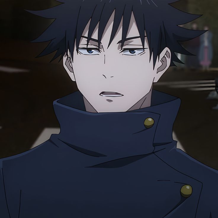 an anime character with black hair and blue eyes wearing a dark coat looking at the camera