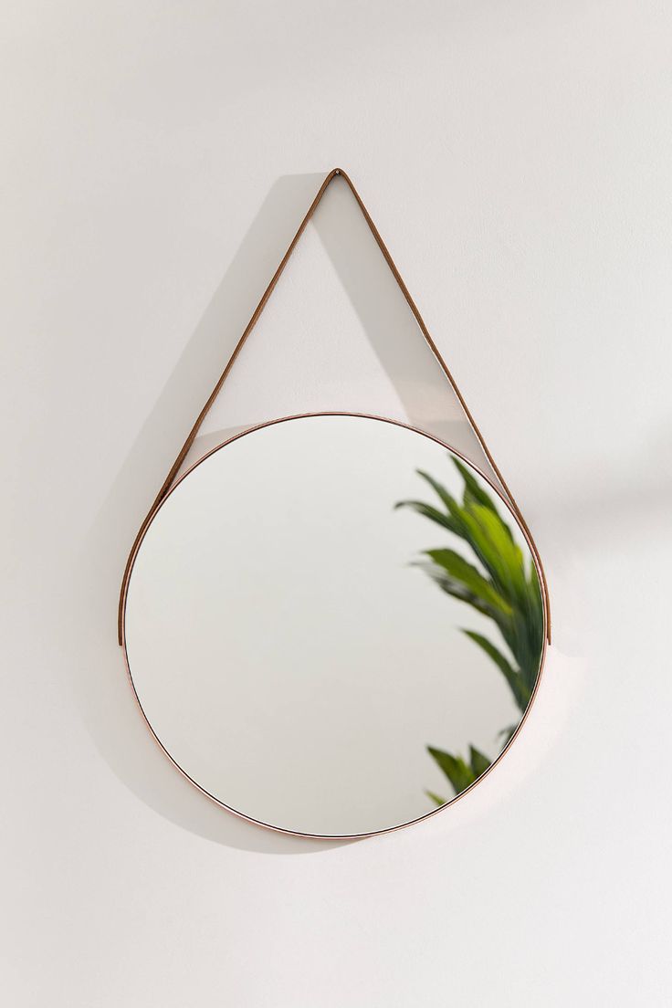 a mirror hanging on the wall next to a plant