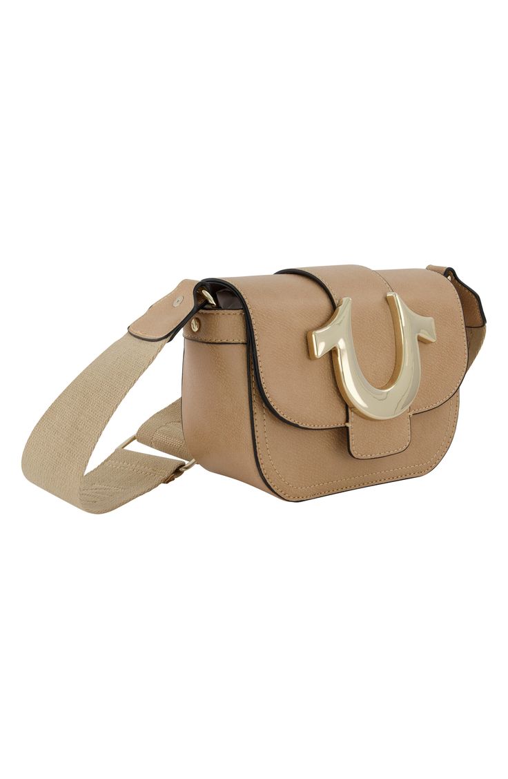 A metallic horseshoe hardware detail calls attention to a foldover flap crossbody with a structured silhouette and adjustable webbed strap. 5.5" H x 8" W x 3.25" D 19-28" strap drop Front flap closure Adjustable crossbody strap Interior slip pocket Manmade exterior/textile lining Imported Beige Leather Bags With Logo Hardware, Brown Crossbody Shoulder Bag With Logo Hardware, Brown Logo Hardware Crossbody Shoulder Bag, Brown Crossbody Bags With Logo Hardware, Beige Everyday Shoulder Bag With Logo Hardware, Everyday Beige Shoulder Bag With Logo Hardware, Leather Flap Bag With Logo Hardware For Everyday Use, Leather Satchel With Logo Hardware Crossbody, Beige Bags With Logo Hardware For Everyday Use