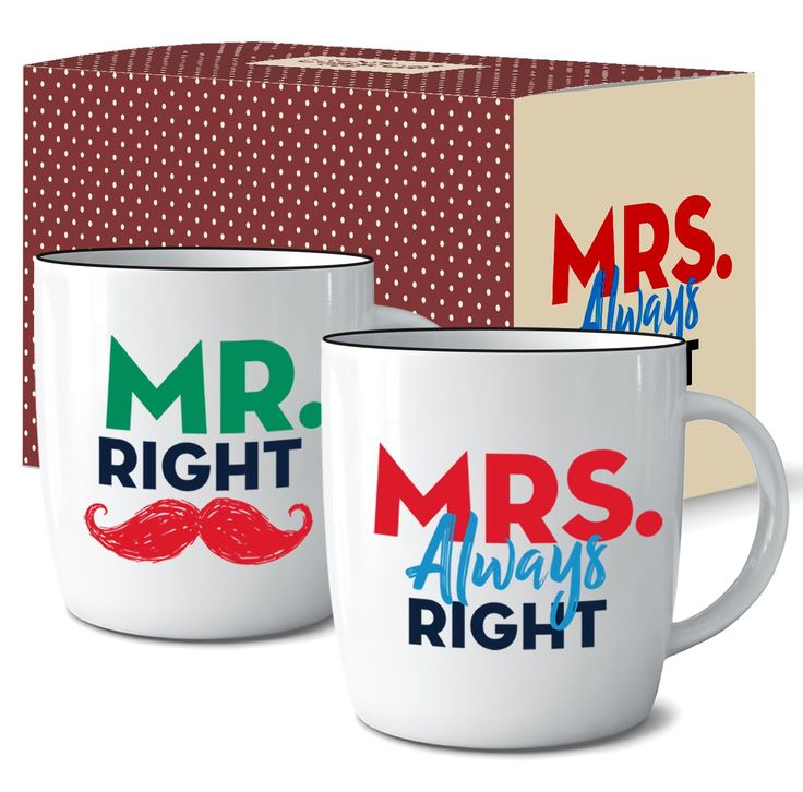 two coffee mugs with mr right and mrs always right printed on the sides, next to a gift box