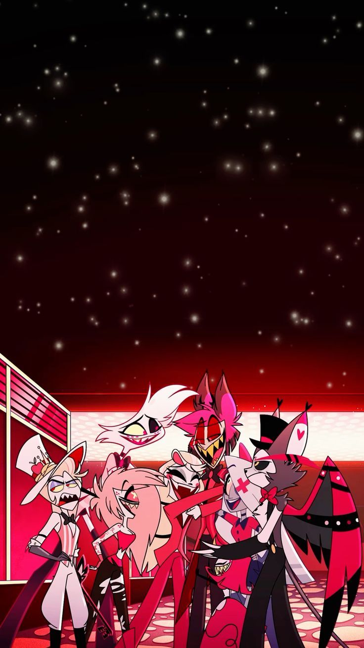 several cartoon characters are standing in front of a red background with stars on the ceiling