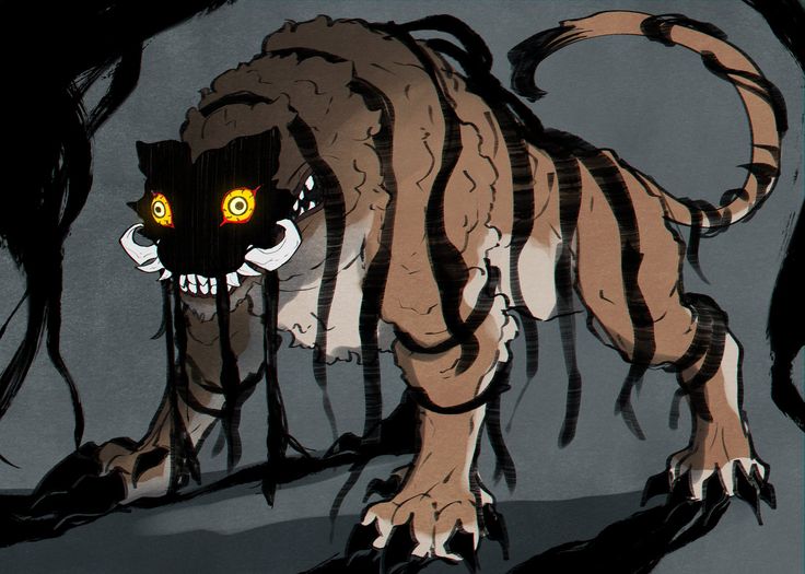 an animated image of a tiger with yellow eyes and long black hair, standing in the dark