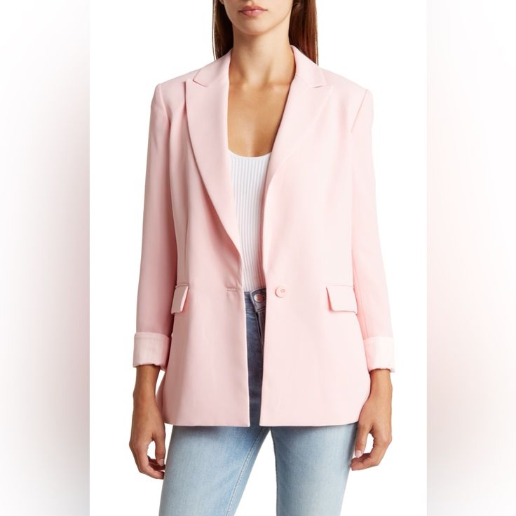 Alice + Olivia 'Justine' Blazer Cut In A Boxy-Shape, With Classic Detailing And A Contrast Roll-Up Sleeve. Notched Collar. Single Button Closure. Slant-Front Flap Pockets. Long Sleeves That Can Be Rolled Up, Featuring A Pin-Striped Satin Fabric. Structured, Lightly Padded Shoulders. Lined. Center Vent At Back. Mid-Length Profile. Polyester Crepe Fabrication. 100% Recycled Polyester Petal Pink Color, Classic Blazer, Roll Up Sleeves, Notched Collar, Alice Olivia, Roll Up, Satin Fabric, Mid Length, Blazer Suit