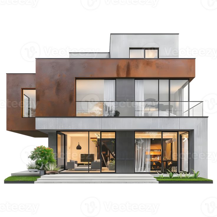 an architectural rendering of a modern house with large windows and balconies on the second floor