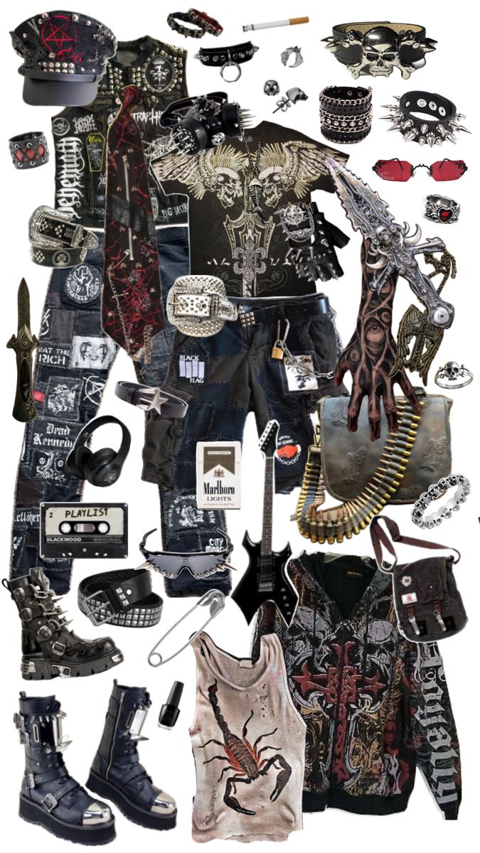 A look inspired by punk elements Punk Moodboard Fashion, Punk Style Outfits Grunge, Punk Rock Outfits Aesthetic, Easy Punk Outfits, Alternative Punk Fashion, Emo Grunge Outfits Punk Rock, 2000s Punk Outfits, Punk Slogans, Metalhead Aesthetic Outfit