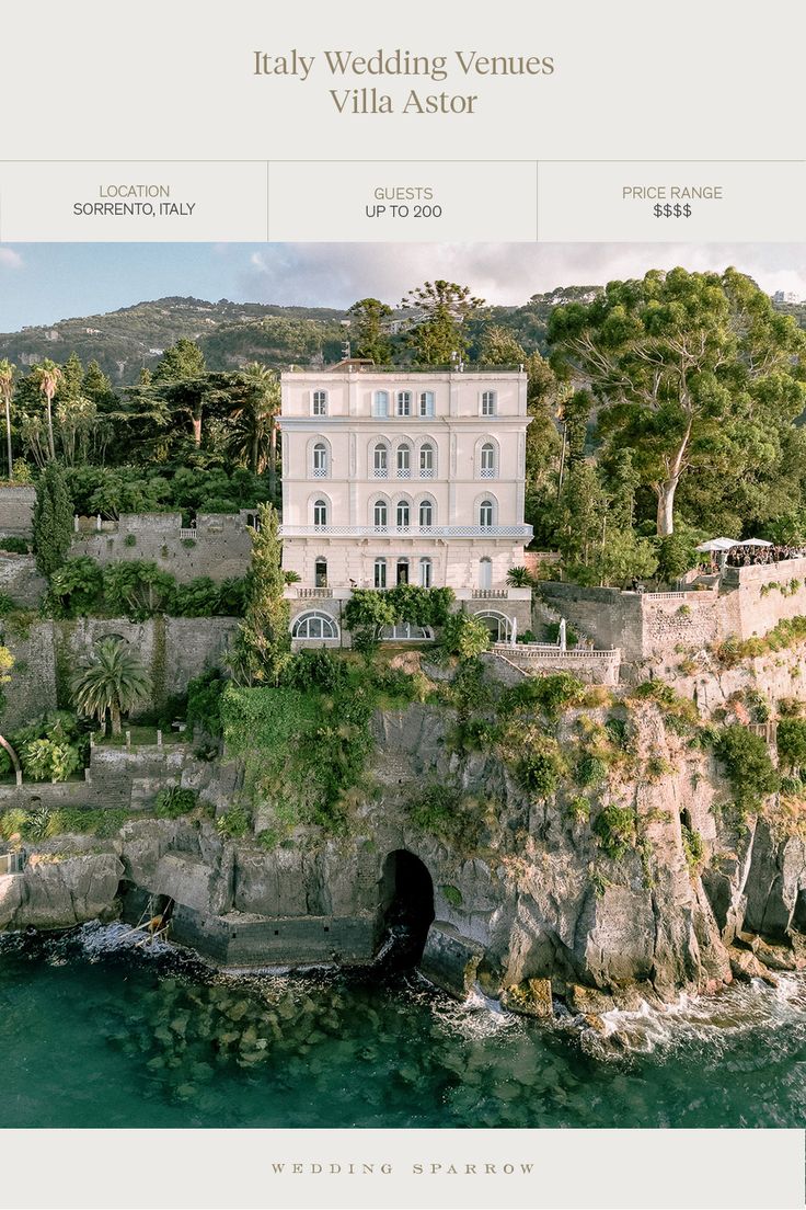 a large white house sitting on top of a cliff next to the ocean in front of a lush green hillside