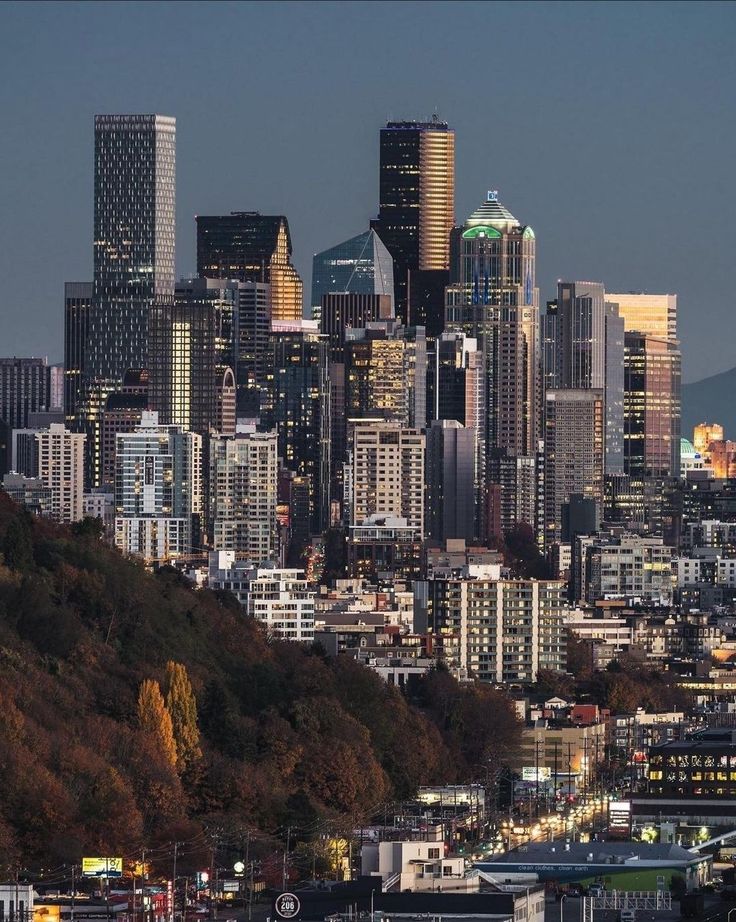 the city skyline is lit up at night, with tall buildings in the foreground