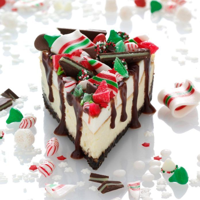 a piece of cake with white chocolate and candy canes