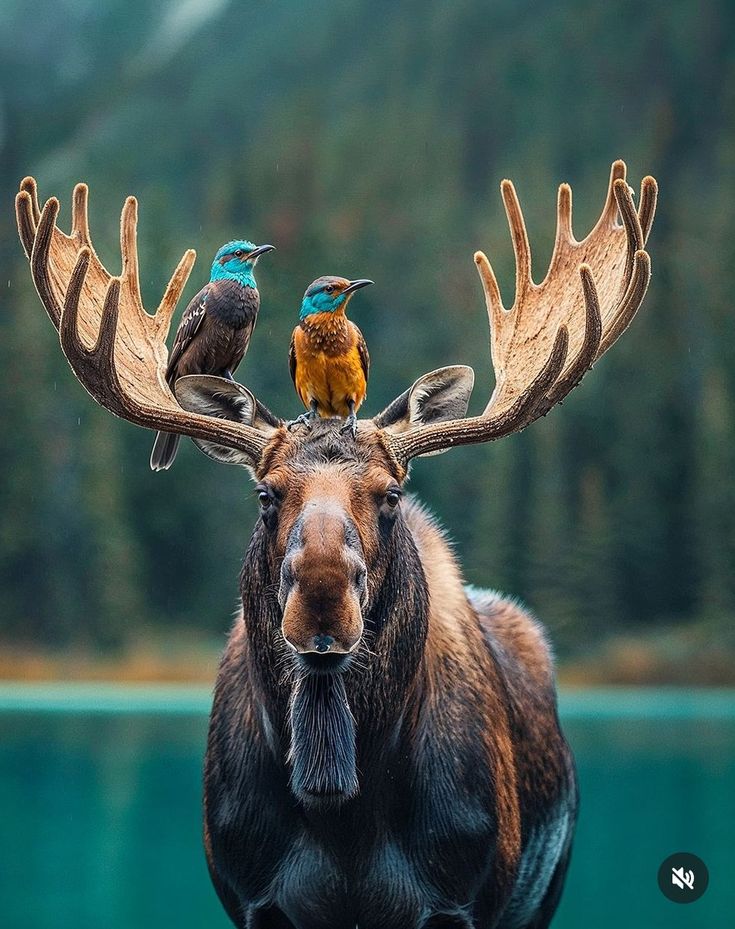 two birds are sitting on the back of a moose's head and another bird is perched on top of it