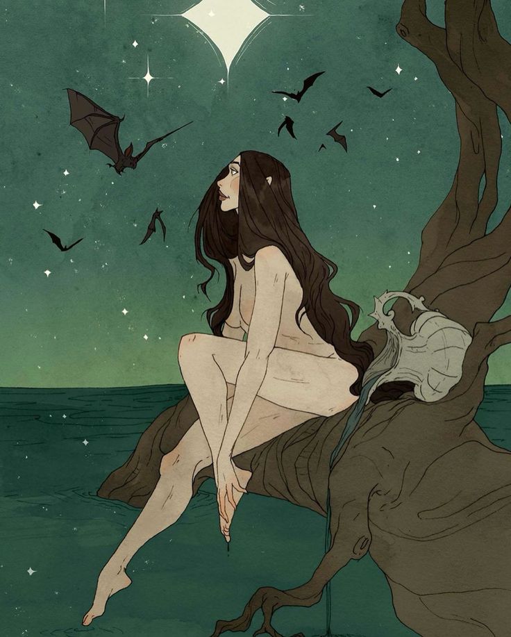 a woman sitting on top of a tree with bats flying above her and the moon in the sky