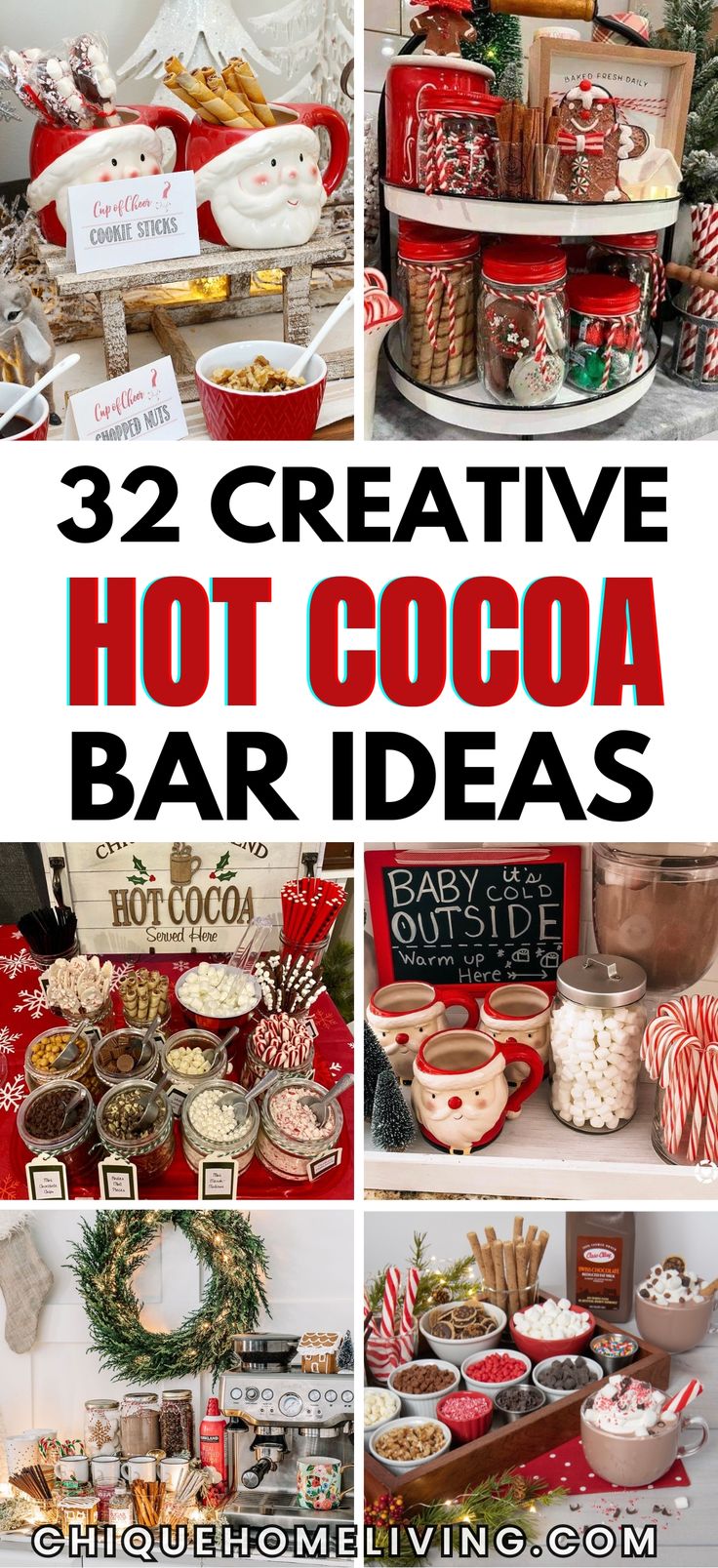 the top three pictures show different types of hot cocoa bar ideas