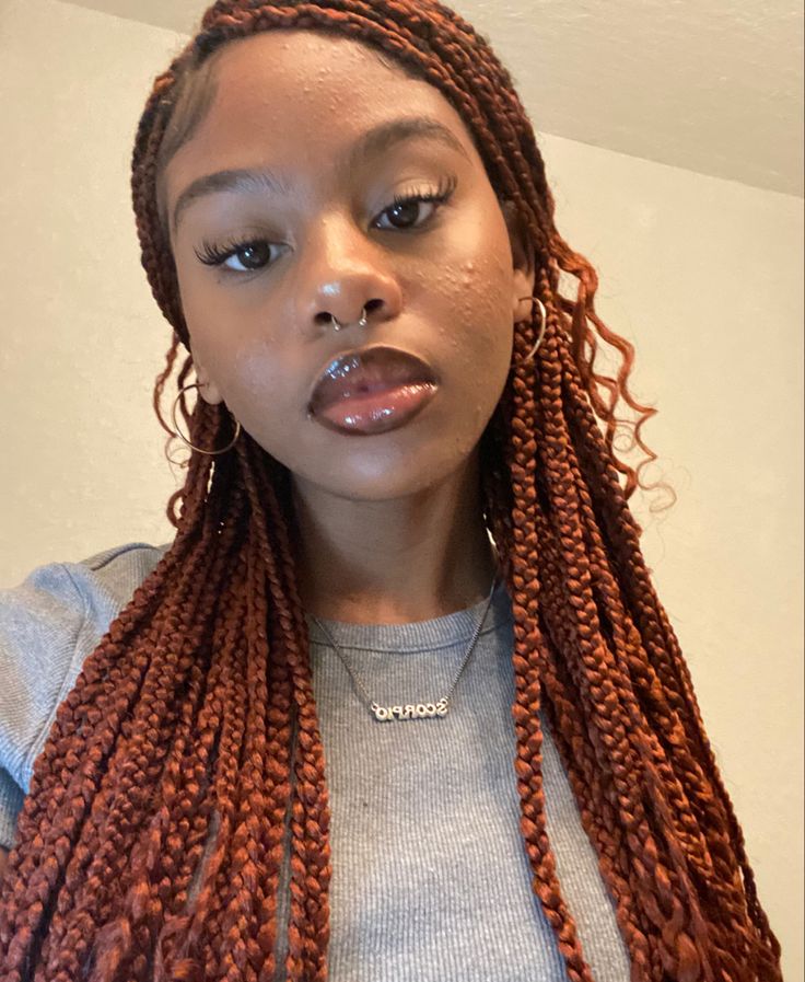 Red Ginger Box Braids, Ginger Ruby Braids, Ginger Brown Box Braids, Burgundy Red Box Braids, Goddess Braids With Color Red, Maple Brown Box Braids, Ginger Red Braids For Black Women, Ginger Red Knotless Braids, 350 And Burgundy Box Braids