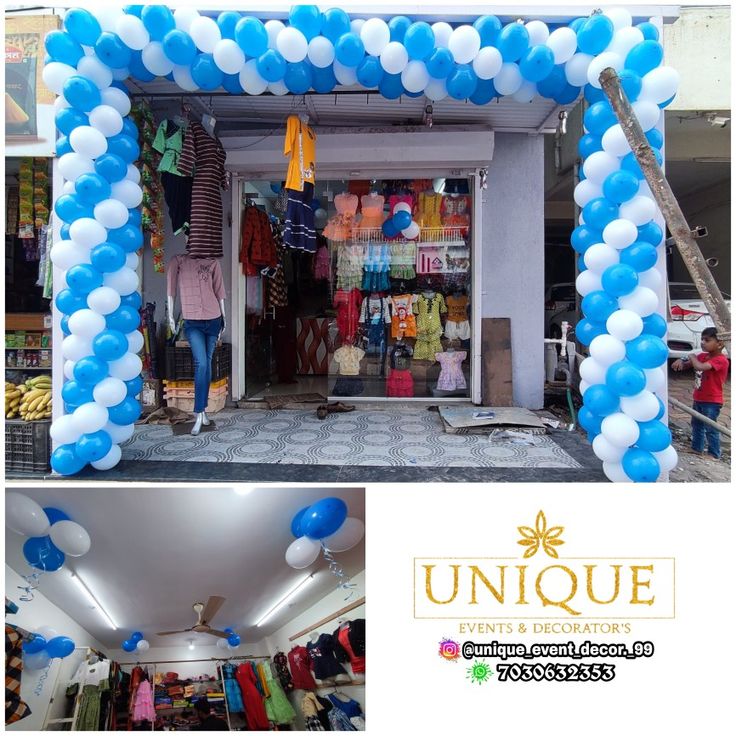 an open store with blue and white balloons