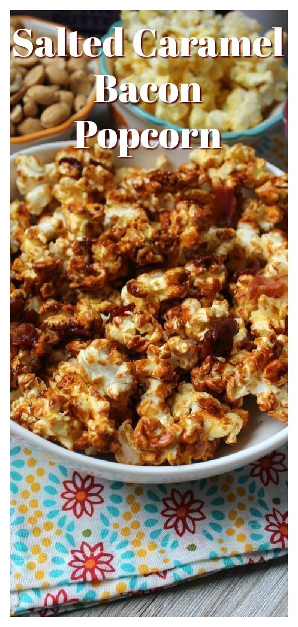 salted caramel bacon popcorn in a white bowl on top of a colorful table cloth