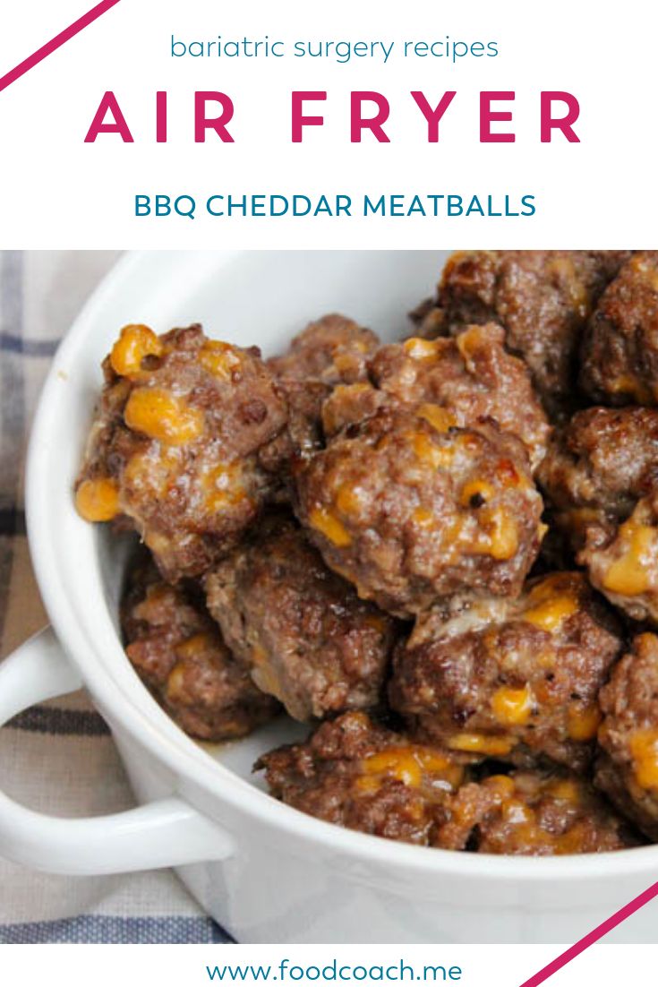 a white bowl filled with meatballs on top of a checkered table cloth and text overlay reads, air fryer bbg cheddar meatballs