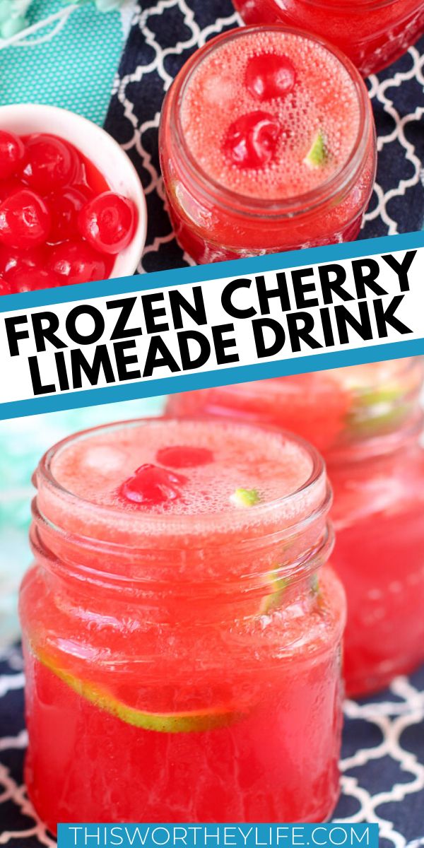 two mason jars filled with frozen cherry limeade drink and the words frozen cherry limeade drink