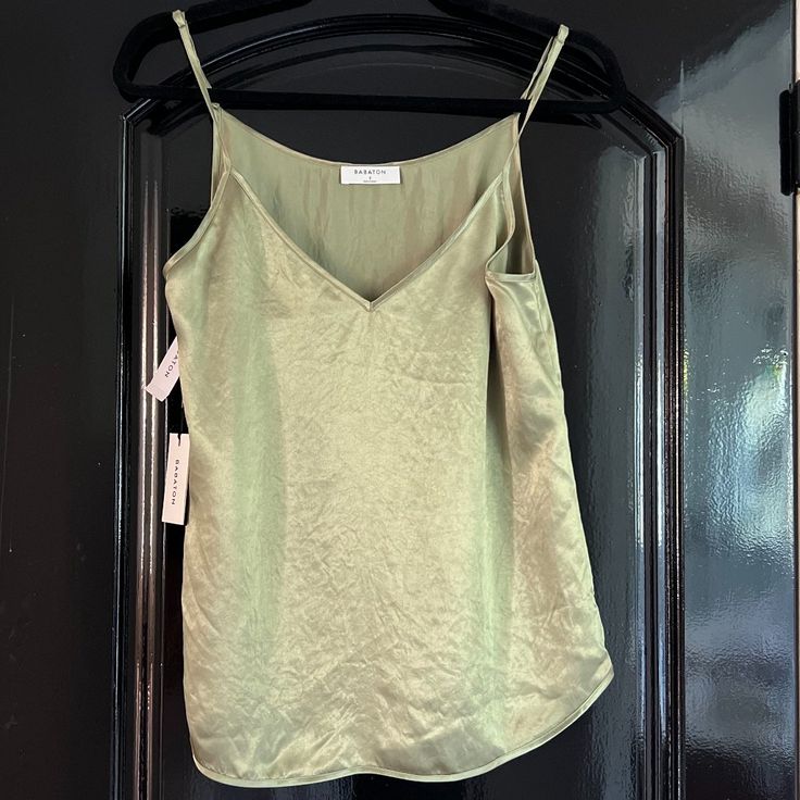 Condition: New With Tags / Pristine Brand: Arizia Babaton Color: Sage Size: Small Material: 100% Acetate Dry Clean Only Brunch Camisole With Built-in Bra, Spring Tank Camisole With Built-in Bra, Sleeveless Tank Top With Built-in Bra For Brunch, V-neck Camisole With Built-in Bra For Brunch, Spring Loungewear Tank Top With Delicate Straps, Green V-neck Tank Top For Night Out, Spring Loungewear Tops With Delicate Straps, Chic Tank Camisole For Loungewear, Green Tank Strap Camisole For Spring