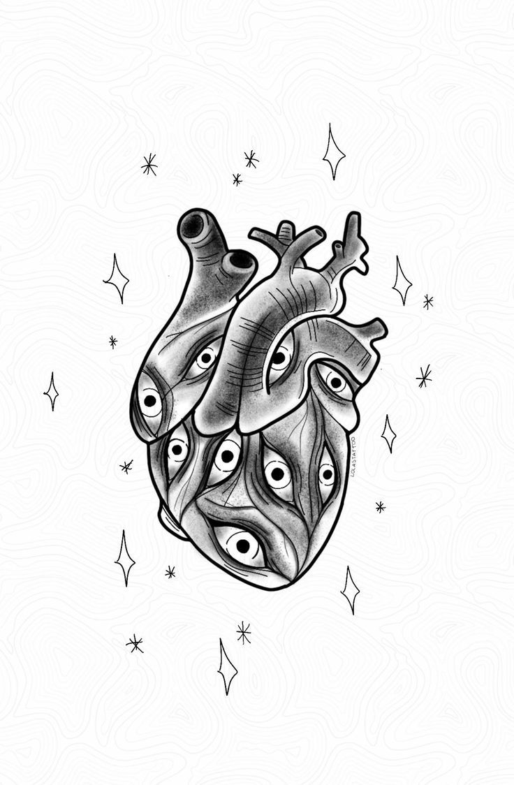 a black and white drawing of a human heart with eyes on it's side