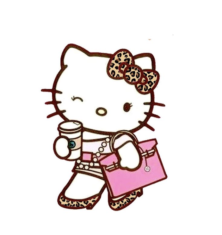 an image of a hello kitty holding a coffee cup and purse with leopard print on it