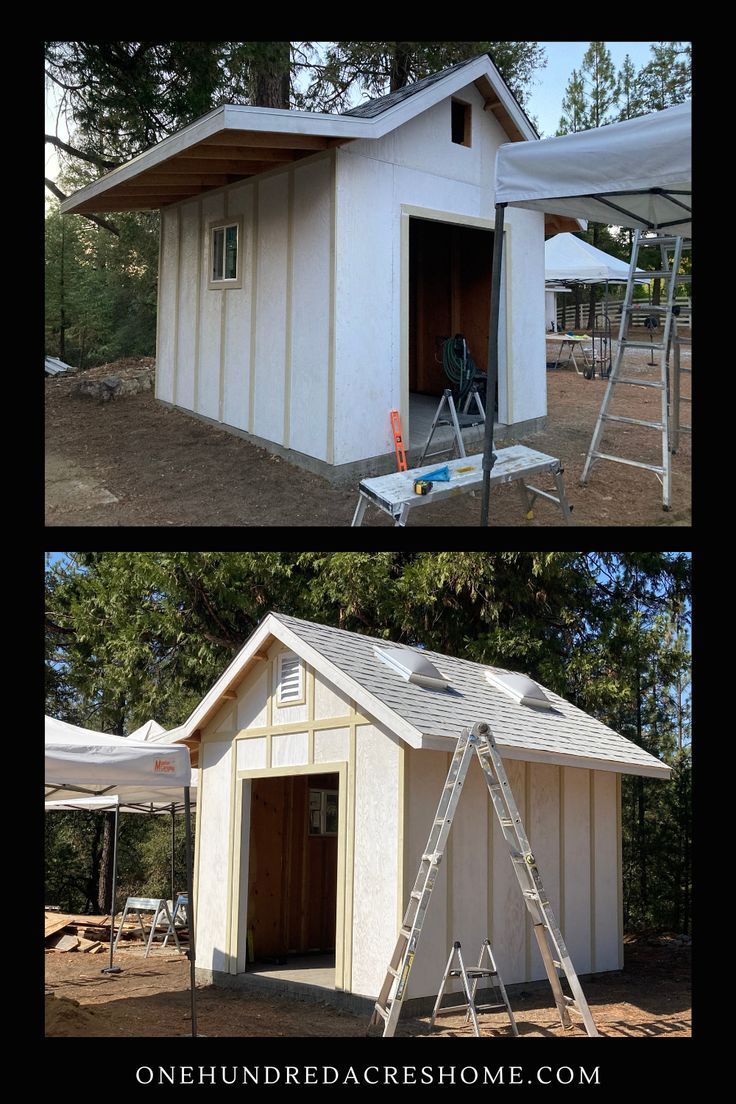 two pictures side by side showing the inside and outside of a small shed with ladders