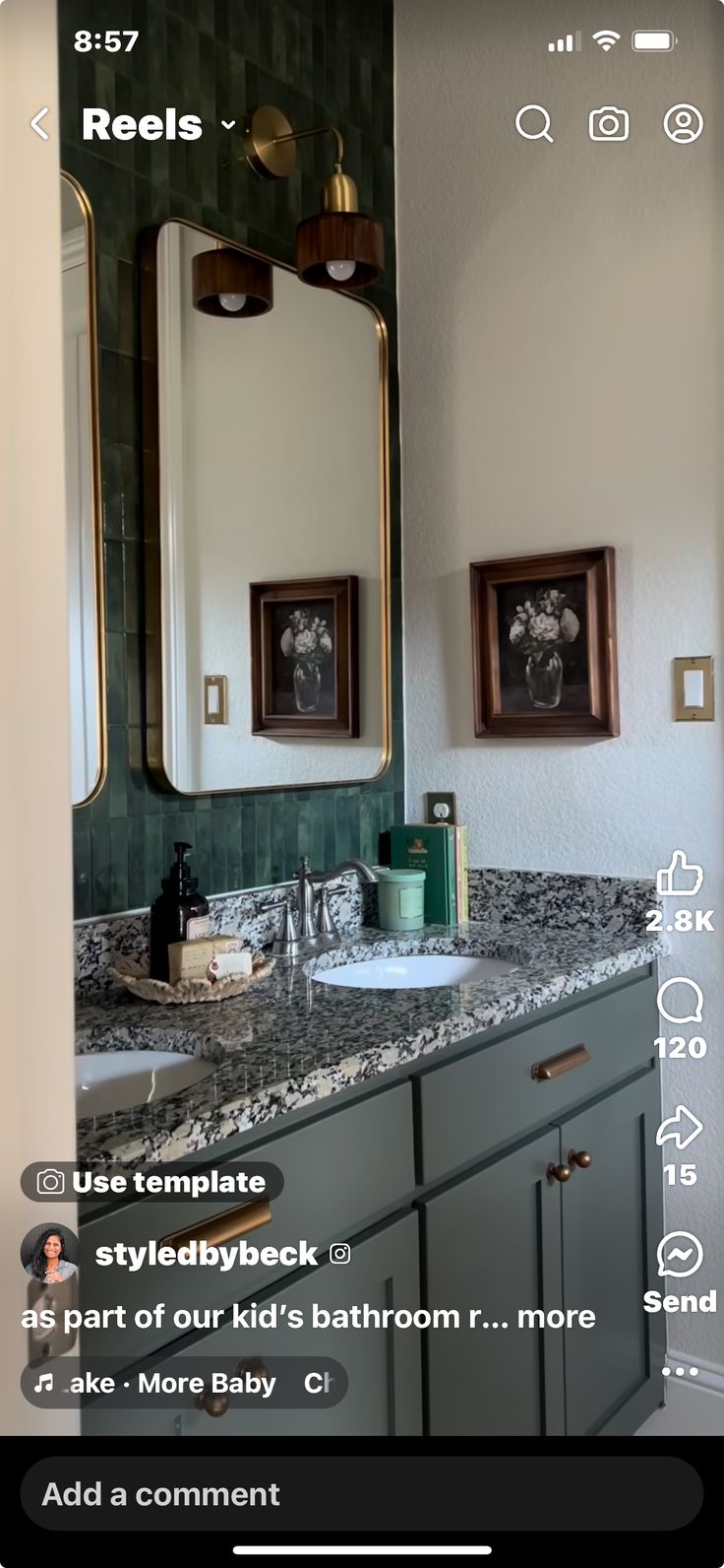 a bathroom vanity with two mirrors above it and the caption reads, reals