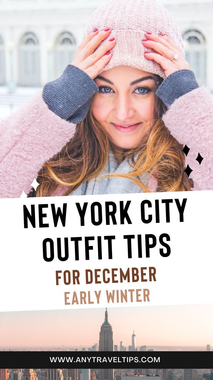 a woman with her hands on her head and the words new york city outfit tips for december