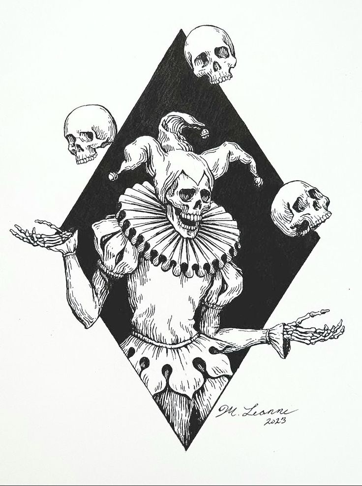 a black and white drawing of a clown with skulls