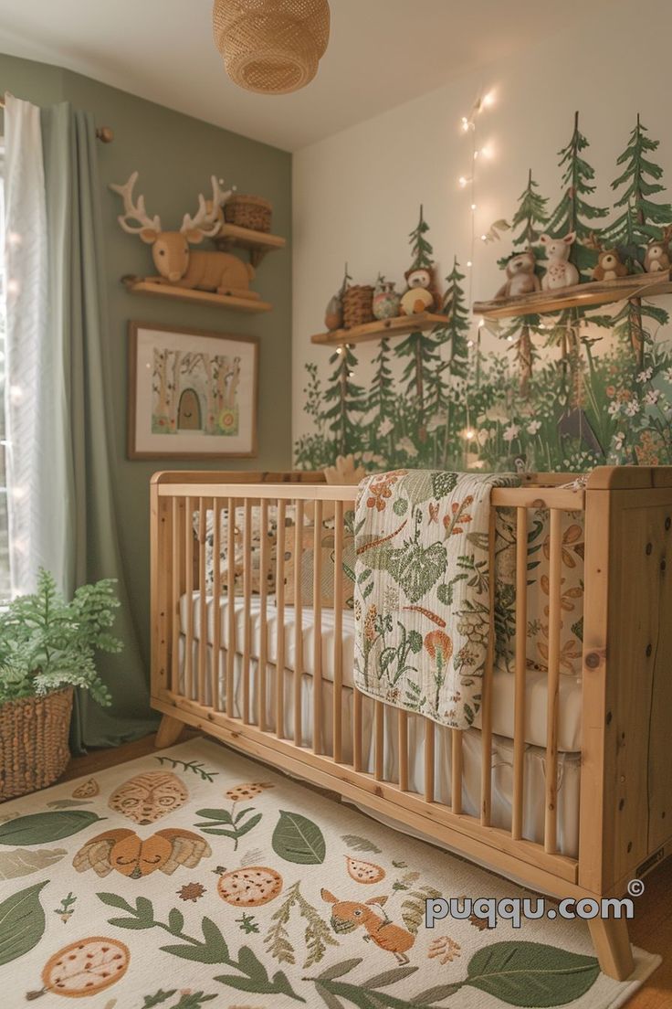 a baby's room decorated with deer and pine trees