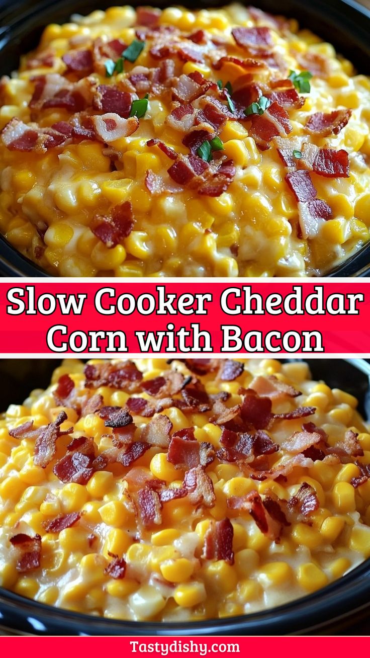 Slow Cooker Cheddar Corn with Bacon Slow Cooker Cheddar Corn And Bacon, Bacon Corn Cheese, Slow Cooker Cheddar Corn Recipe, Slow Cooker Creamed Corn With Bacon, Crockpot Cheddar Corn, Cream Cheese Corn Crockpot Easy Recipes, Cheddar Corn With Bacon, Slow Cooker Corn With Bacon, Cheddar Bacon Corn