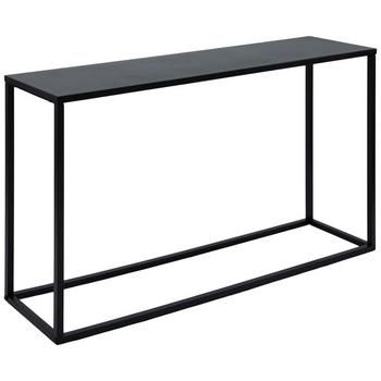 a black metal frame console table with an open shelf on the top and bottom, against a white background