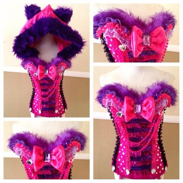 four different views of a corset with purple and pink fur trims on it