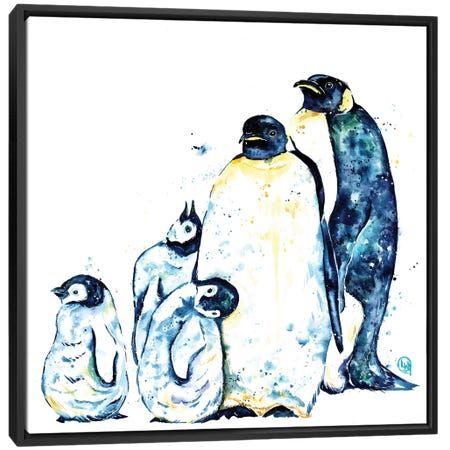 three penguins are standing next to each other with one penguin on its back and the other is