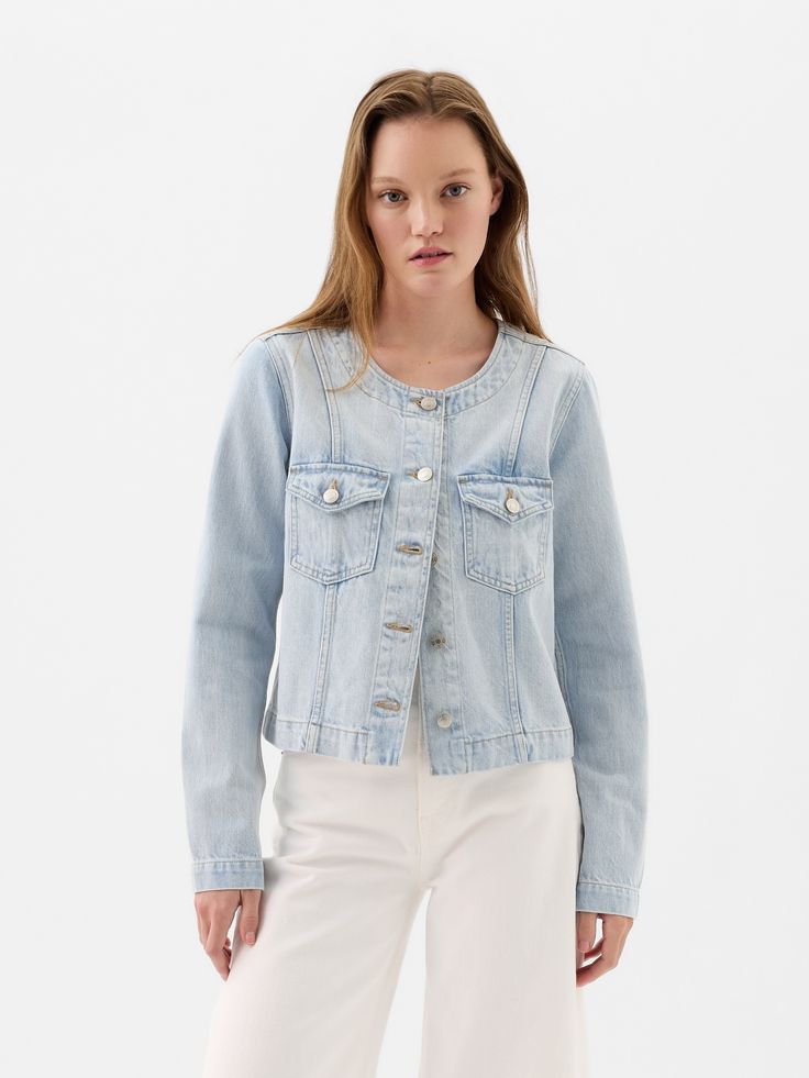 Collarless Denim Jacket | Gap Factory Collarless Denim Jacket, Spring Pre-washed Denim Outerwear, Spring Pre-washed Blue Denim Jacket, Affordable Single-breasted Denim Outerwear, Pre-washed Blue Denim Outerwear, Blue Pre-washed Denim Outerwear, Water Saving, Jean Coat, Jean Jacket