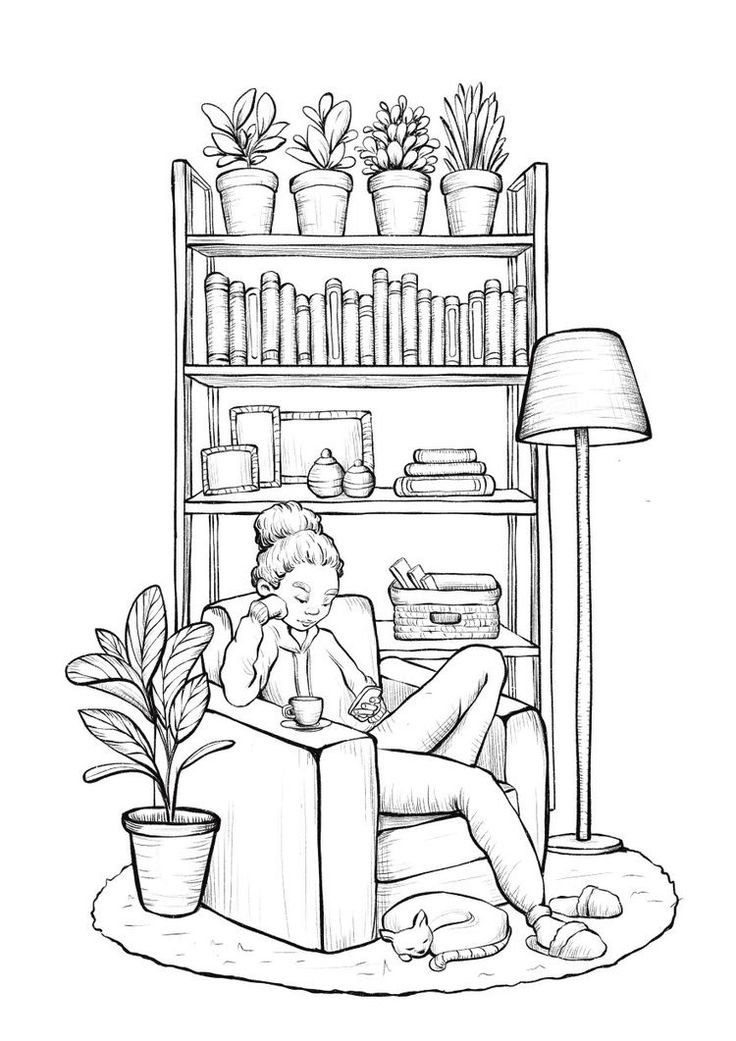 a black and white drawing of a person sitting in a chair with bookshelf