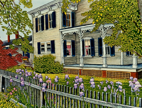 a painting of a house with flowers in the front yard