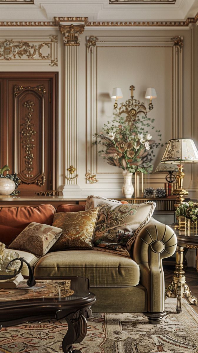 a living room filled with lots of furniture next to a wall covered in ornate paintings