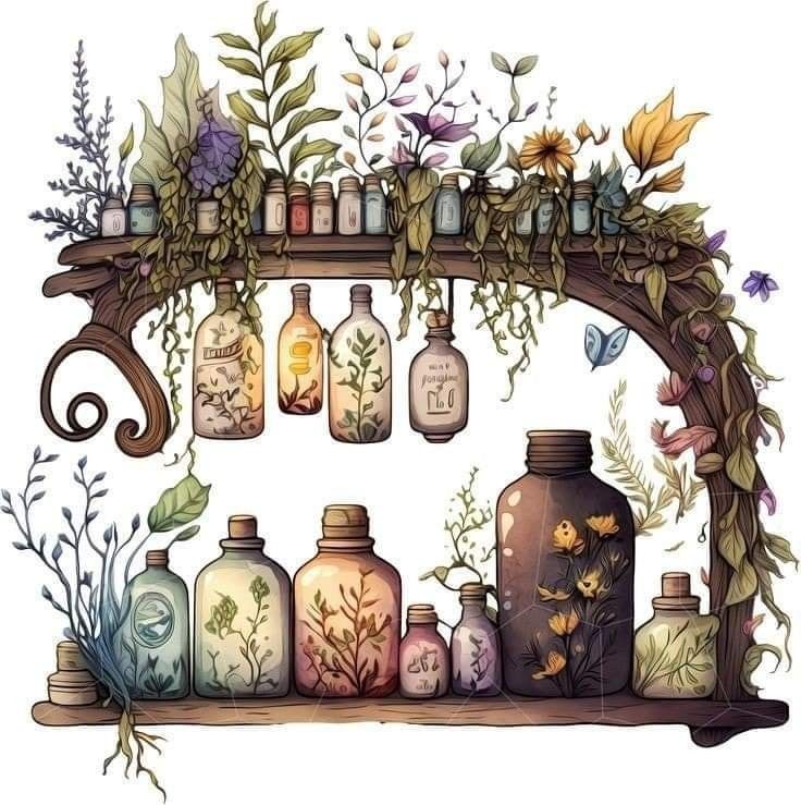 a shelf filled with lots of bottles covered in plants and flowers on top of it