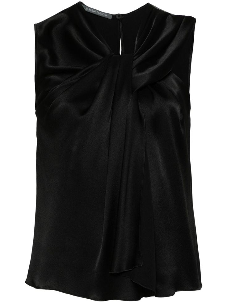 black satin finish pleat detailing gathered detailing sleeveless curved hem single rear button fastening Curved Hem Top, Pleated Tops, Top Clothing, Embellished Gown, Pleated Blouse, Satin Top, Alberta Ferretti, Black Satin, Black Blouse