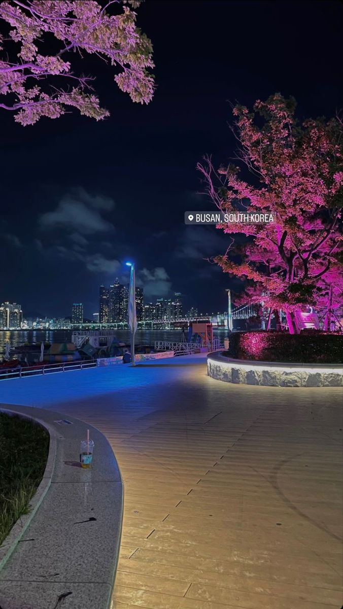 the city skyline is lit up at night with pink trees and lights in the foreground