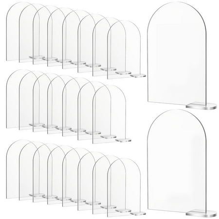 six clear acrylic display stands with curved bases and one round base, each holding an individual item