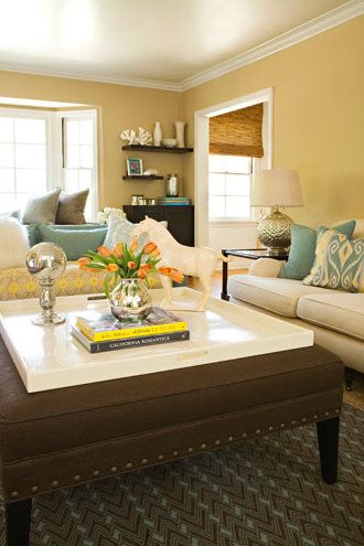 a living room with two couches and a coffee table in front of the window