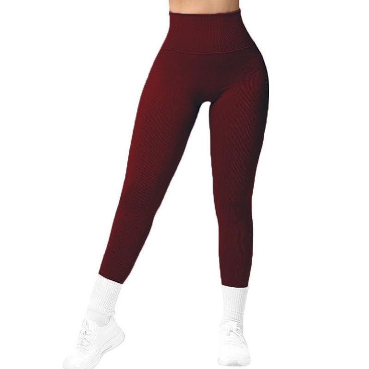 High Waist Seamless Leggings Threaded Knitted Fitness Pants Solid Women's Slimming Sports Yoga Pants Elastic Running Sport Leggings - Trendha Winter Sportswear Red Bottoms, Red Compression Leggings For Yoga, Red Compression Yoga Leggings, Compressive Red Gym Leggings, Red Compressive Gym Leggings, Solid Sportswear Leggings In Seamless Fabric, Seamless Fabric Sportswear Leggings, High Stretch Red Athleisure Leggings, Red Compression Yoga Pants Sportswear