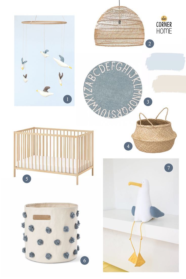 a baby's nursery room with blue and white accents