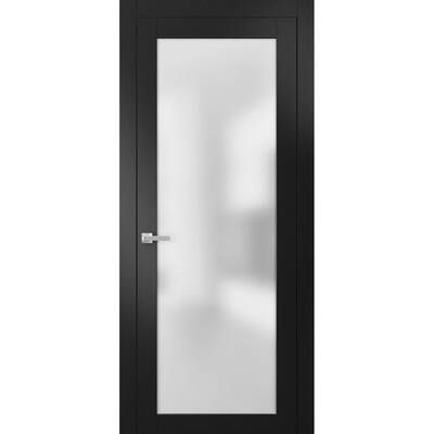 a black door with frosted glass on it